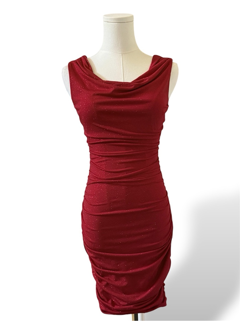 Sweet Storm Red Sparkle Ruched Cowl Midi Dress